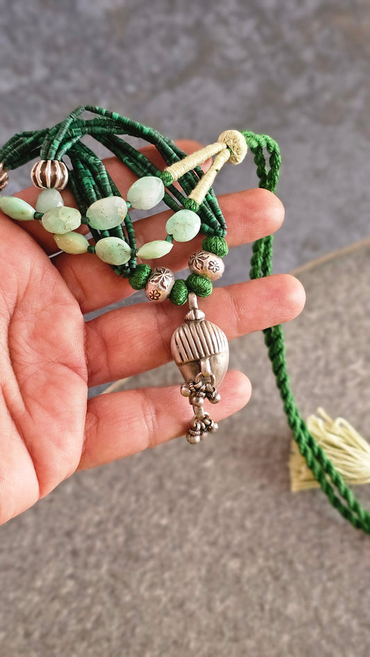 Vintage Mango Ghungroo Necklace in African Malachite & Chrysoprase Silver Beads