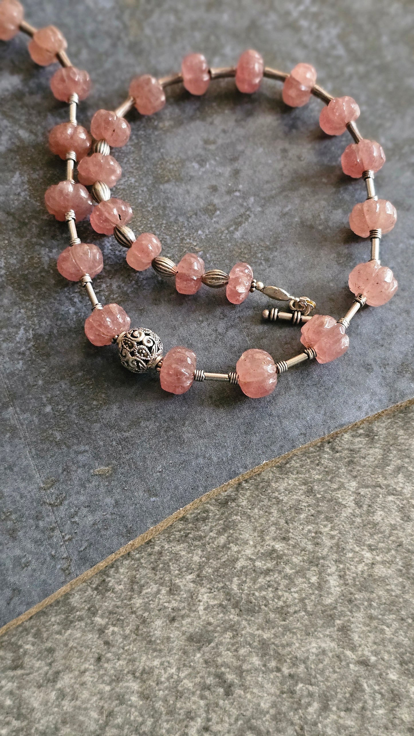 Strawberry quartz in peach color necklace with silver tubes