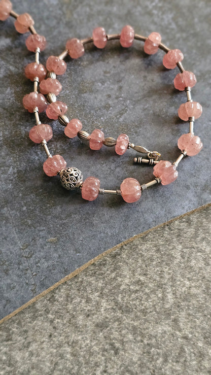 Strawberry quartz in peach color necklace with silver tubes