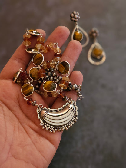 Hessonite Statement silver Necklace