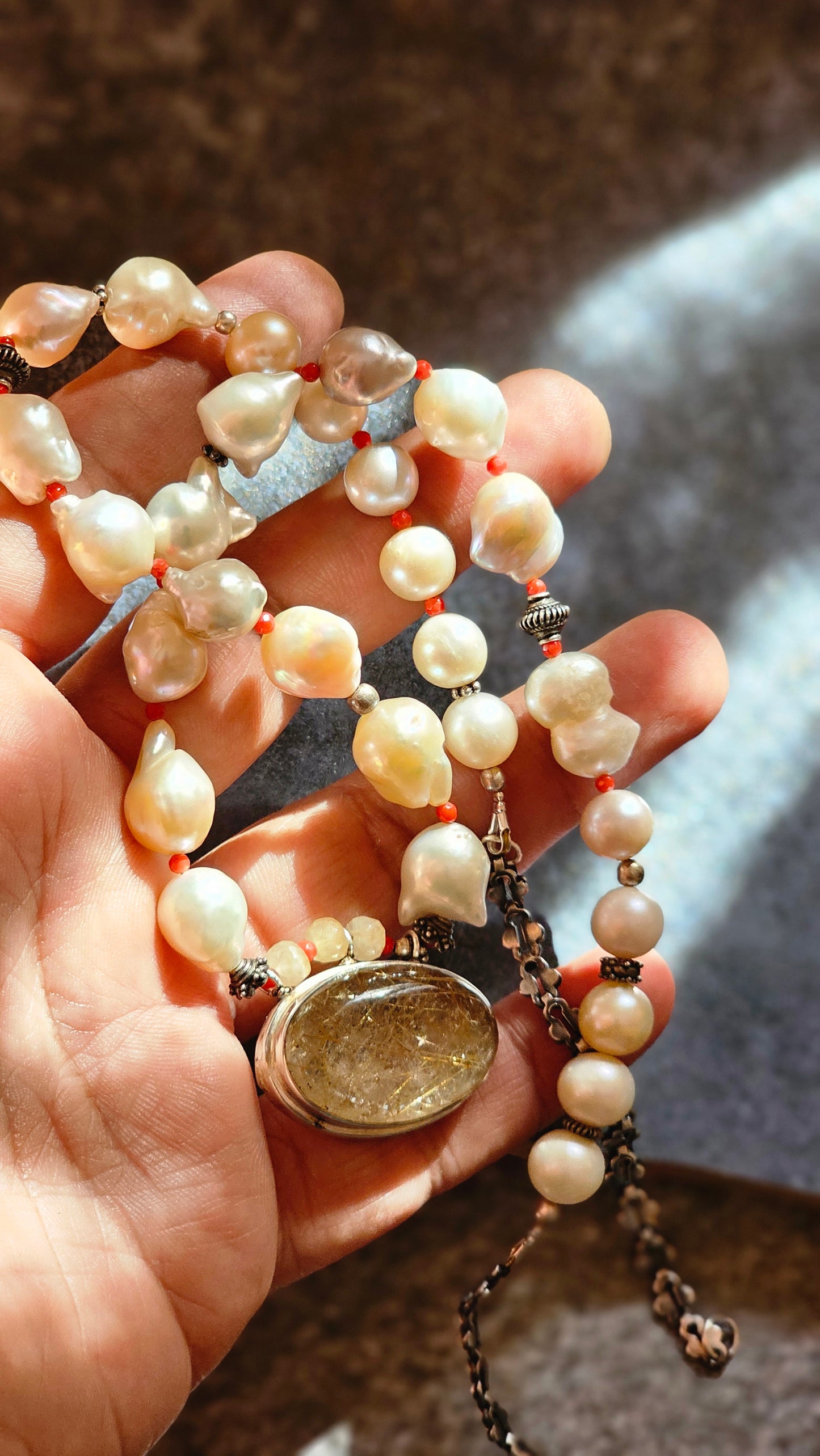 Fresh water Baroque pearls Rutilated quartz pendant necklace