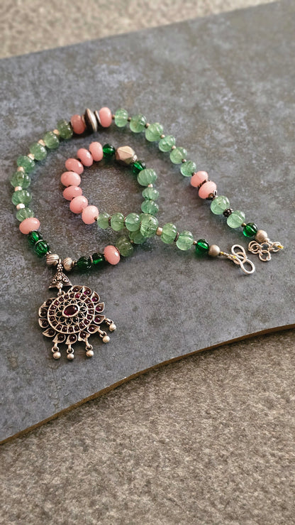 Pink Rhodonite, strawberry quartz Kemp pendant necklace