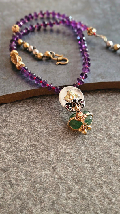 Amethyst necklace with two tone pendant emerald tumble