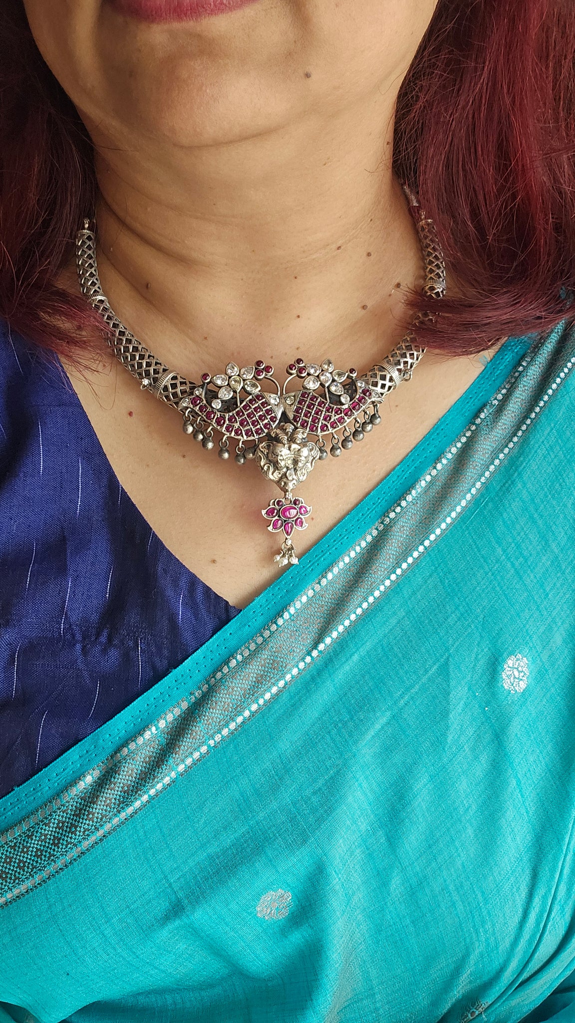 Silver 92.5 Bali Silver Hasli with Kemp Fish Motifs & Kritimukha | 92.5 Silver Fusion Jewelry