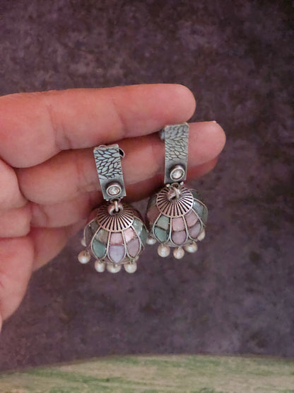 Pink and Turquoise enamel jhumkis