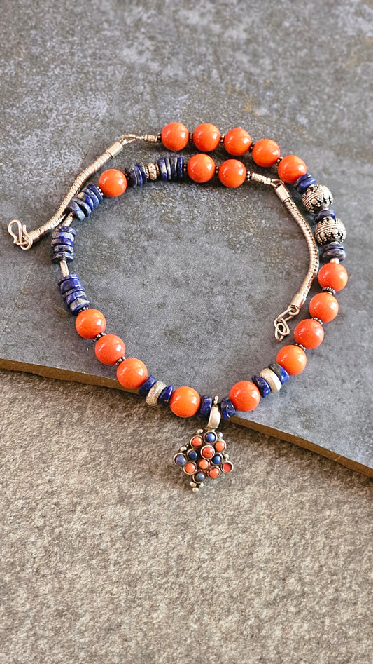 Coral & Lapis Vintage Pendant Necklace (92.5 Silver)
