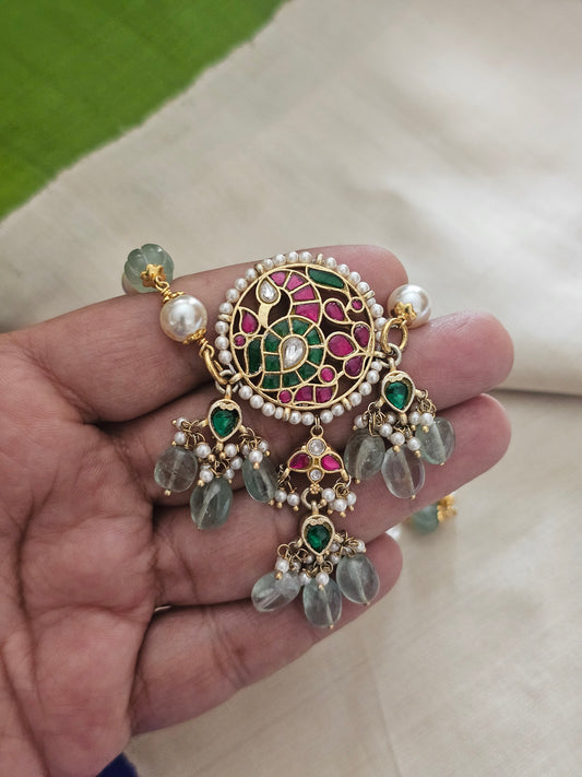 Nizam-Inspired Kundan Pendant Necklace in 92.5 Silver with Strawberry Quartz & Swarovski Pearls