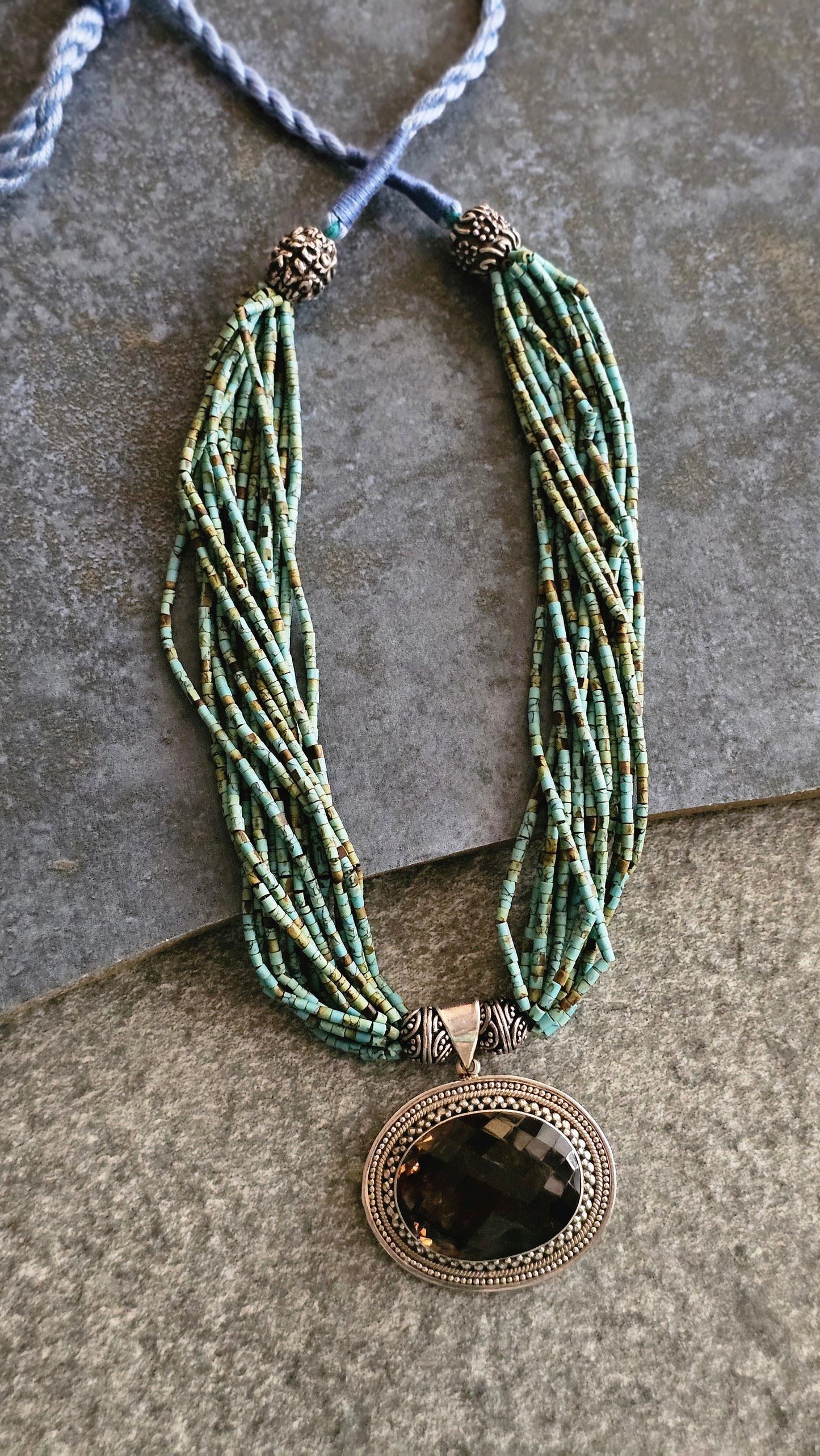 Afghani Turquoise strings with Smoky Topaz pendant necklace
