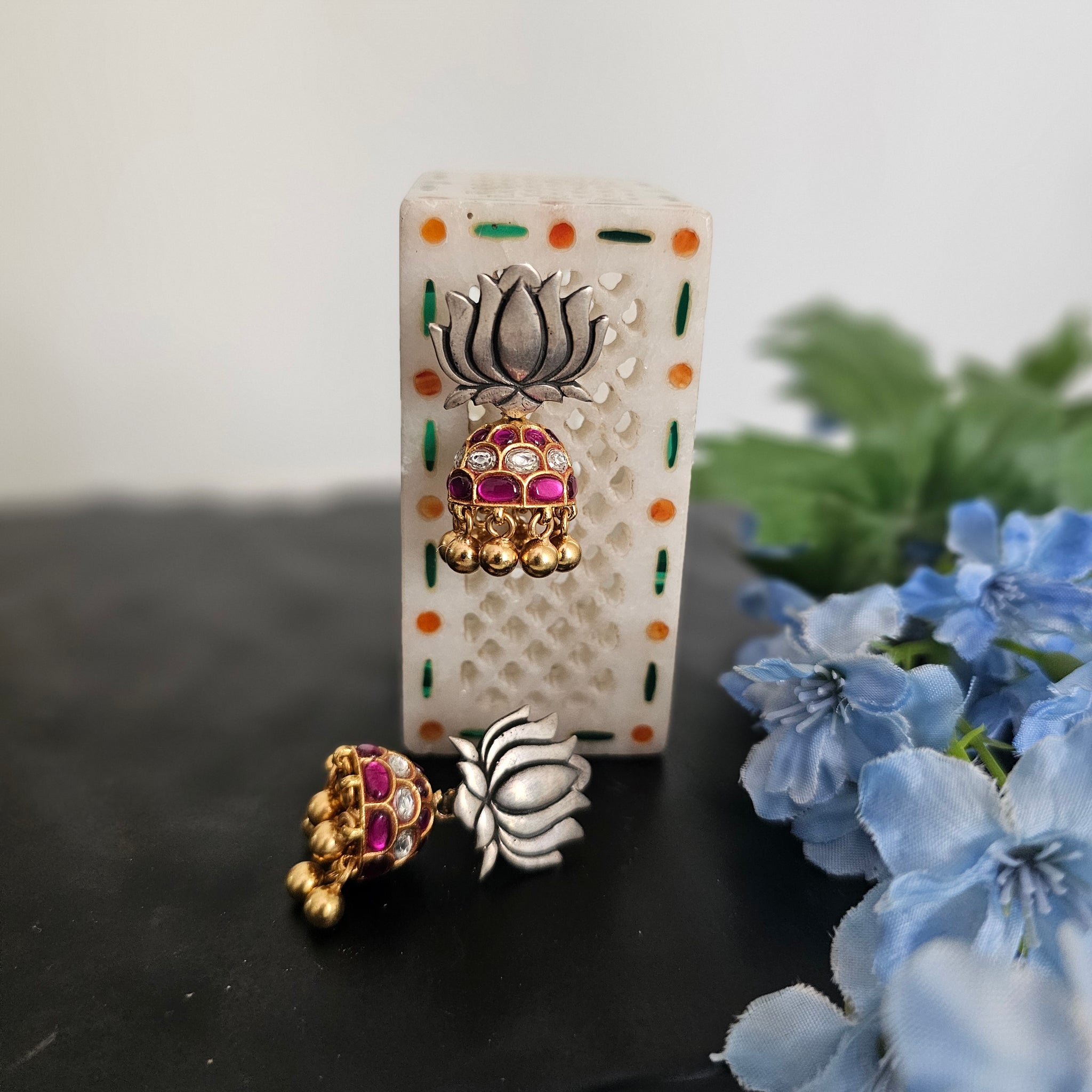 Silver 92.5 kundan gold polish jhumka