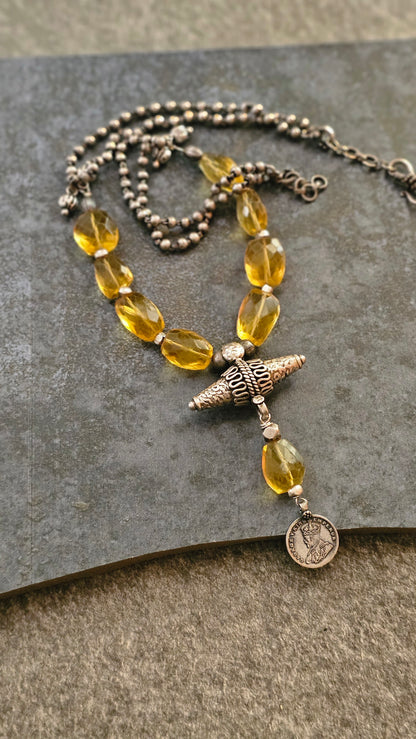 Yellow citrine quartz necklace vintage silver coin pendant