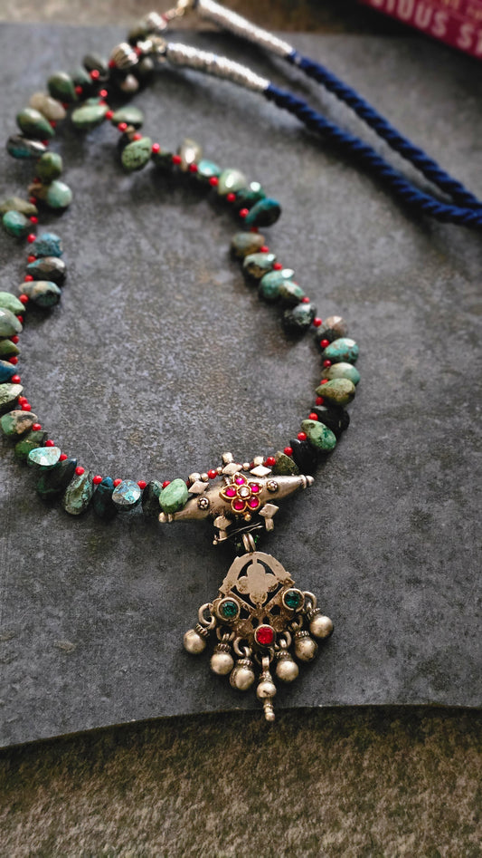 Soul Strung | Chrysocolla, Garnet & Vintage Kundan Necklace