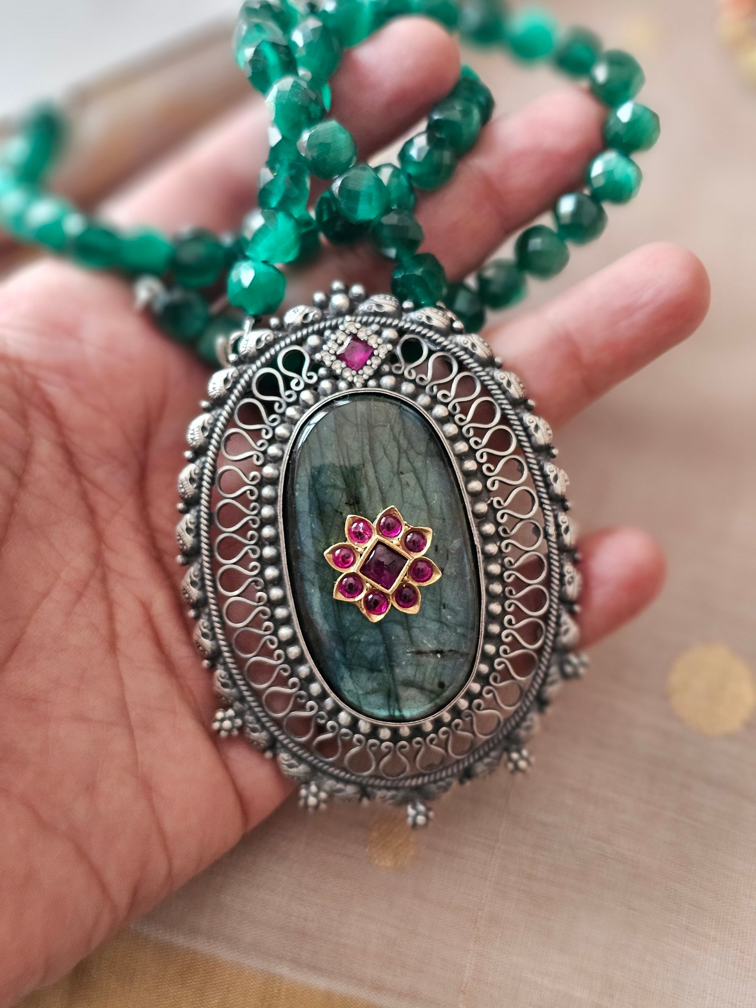 Fusion Silver Necklace with Kolhapur Motifs, Fire Labradorite, Red Kundan Inlay & Green Beryllium Stones – Handcrafted in 92.5 Silver