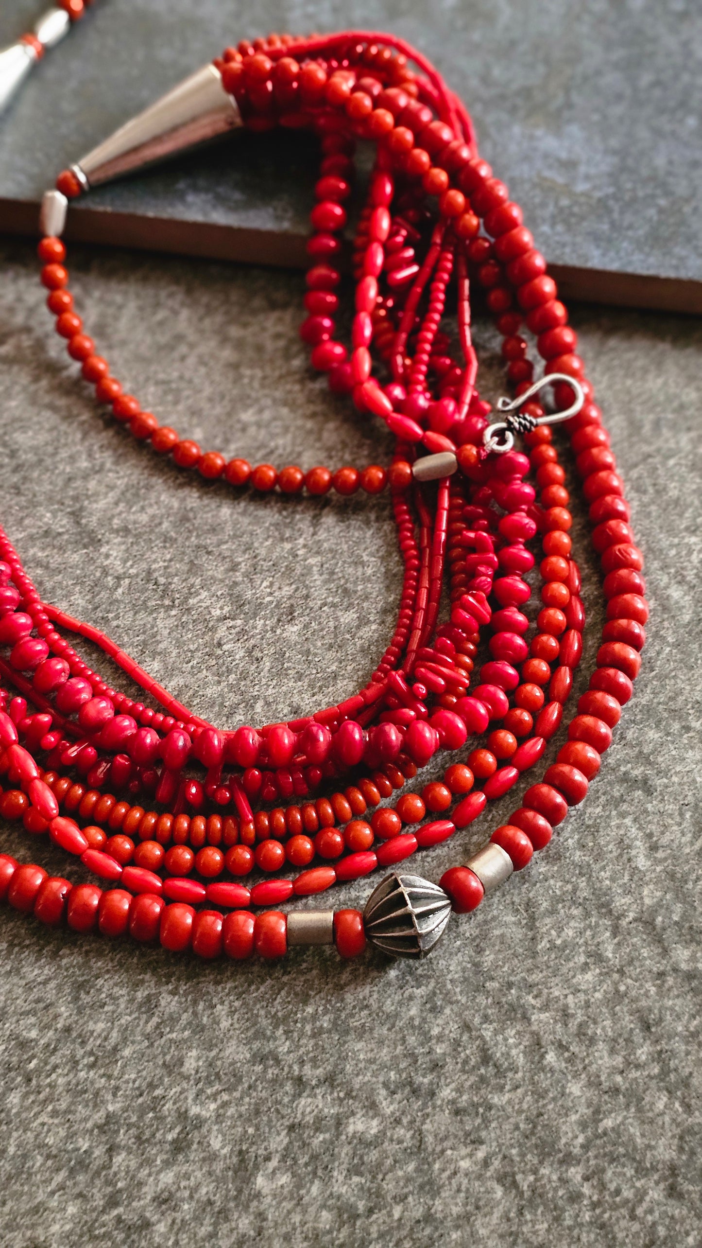 SURKH | Multi-Strand Coral & Silver Necklace