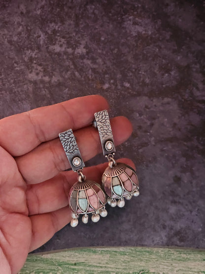 Pink and Turquoise enamel jhumkis