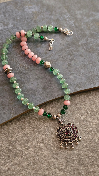 Pink Rhodonite, strawberry quartz Kemp pendant necklace