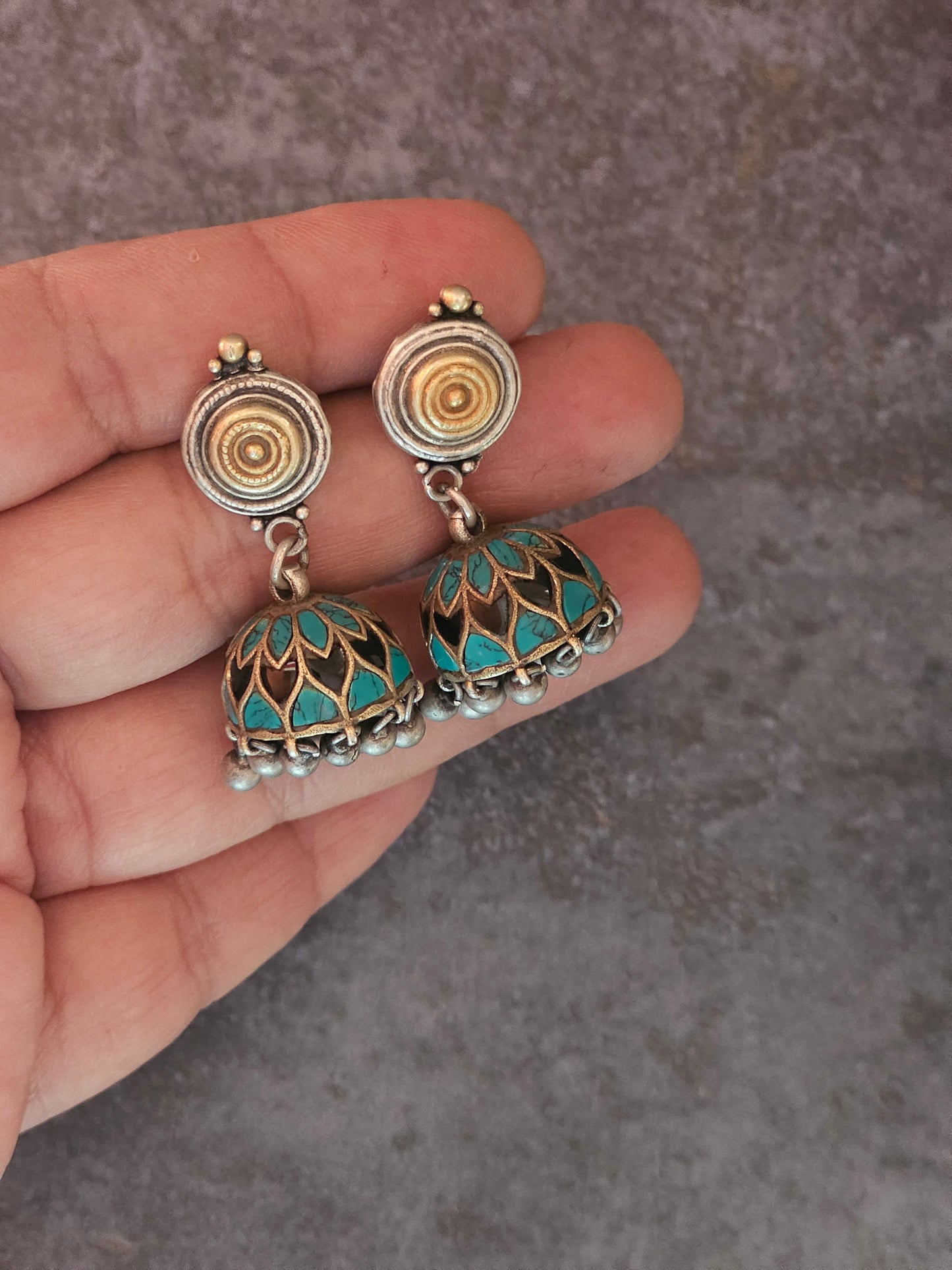 Lapis lazuli and turquoise detailed silver jhumkas