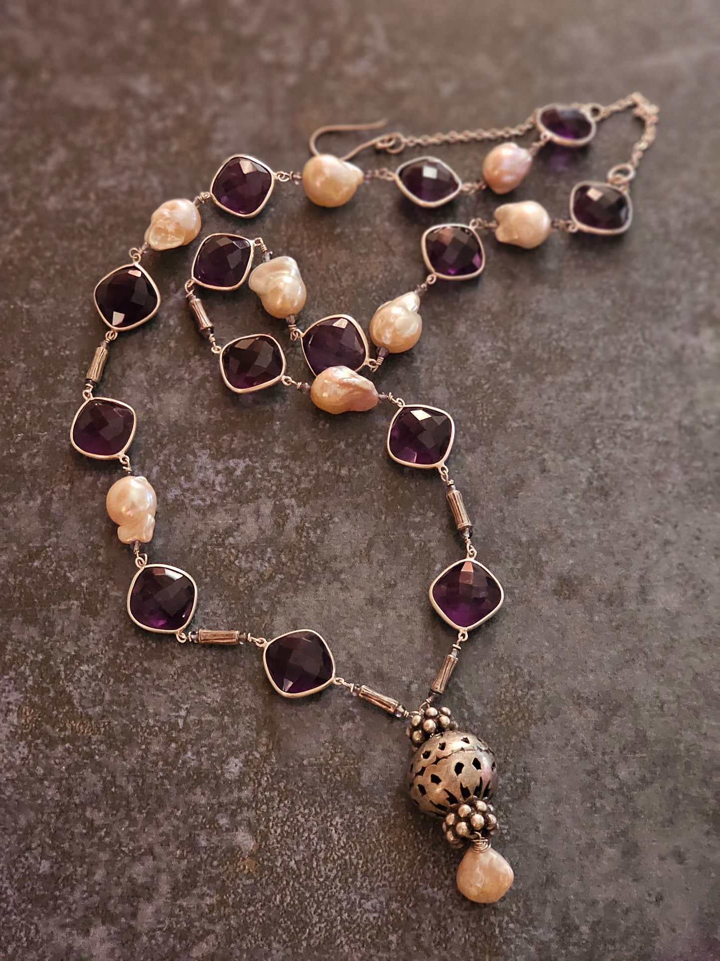 Silver Amethyst, Baroque pearls necklace