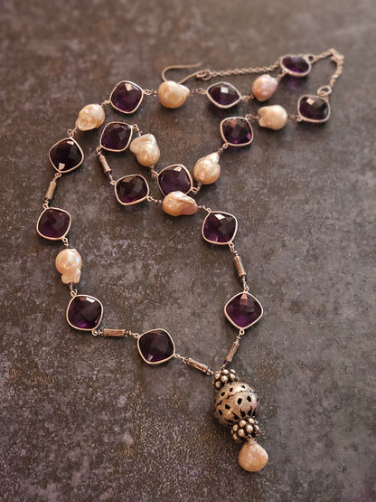 Silver Amethyst, Baroque pearls necklace