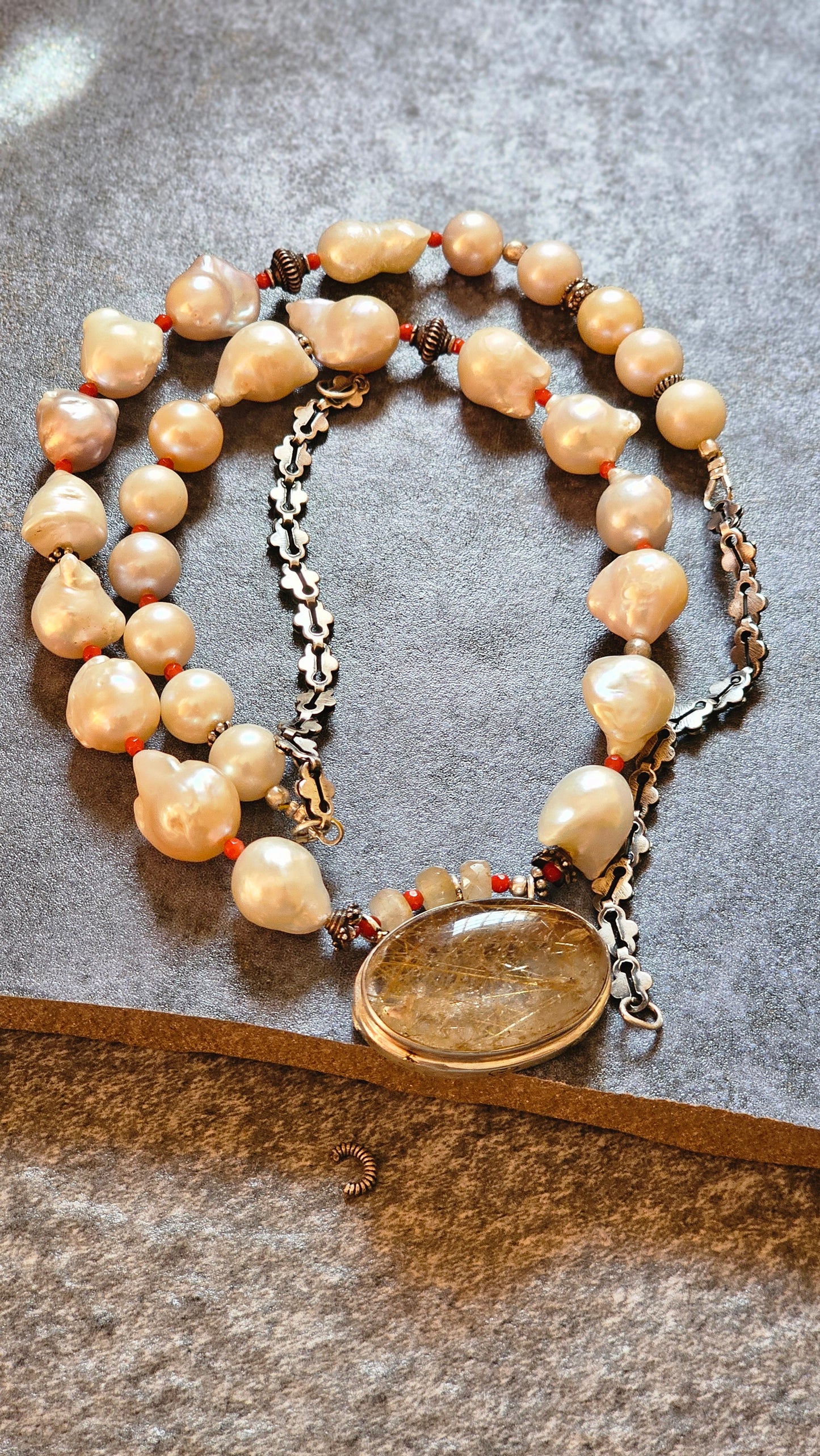 Fresh water Baroque pearls Rutilated quartz pendant necklace