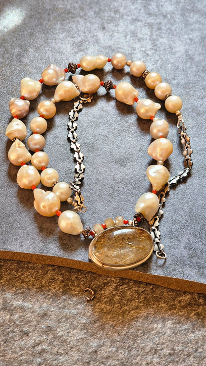 Fresh water Baroque pearls Rutilated quartz pendant necklace
