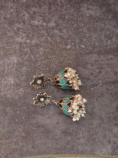 Turquoise and lapis lazuli fusion silver jhumkas