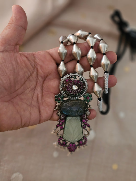 Nayika Long Fusion Pendant Necklace | 92.5 Silver Gold Polish Necklace with Kemp, Labrodrite & Chalcedony