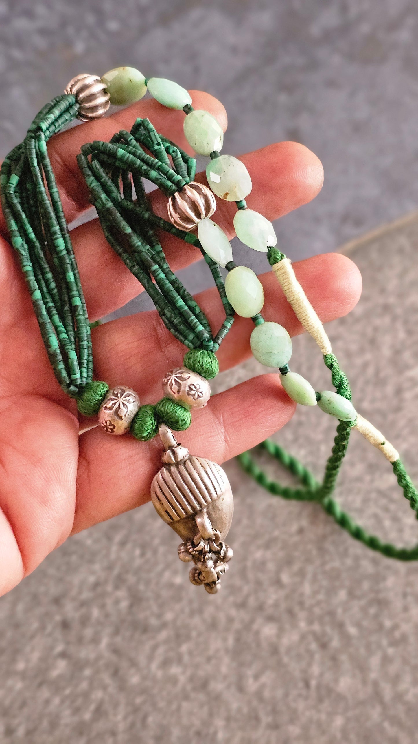 Vintage Mango Ghungroo Necklace in African Malachite & Chrysoprase Silver Beads