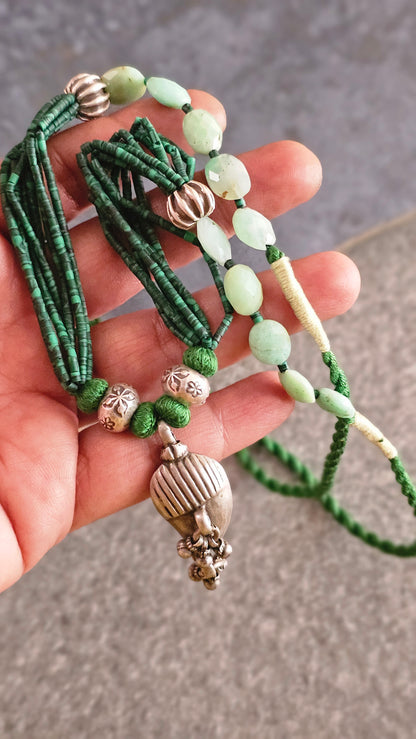 Vintage Mango Ghungroo Necklace in African Malachite & Chrysoprase Silver Beads