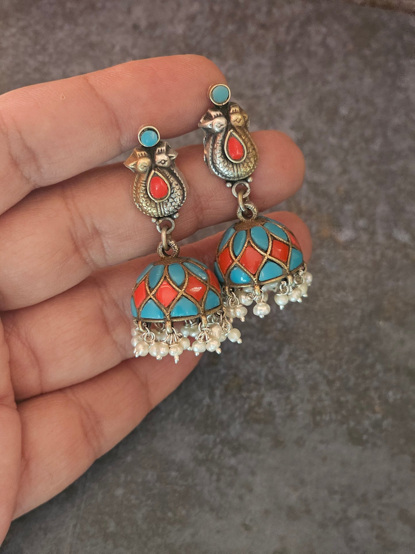 Turquoise and coral silver fusion jhumkas