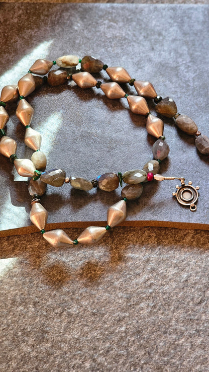 Fire Labradorite with silver dholki beads necklace