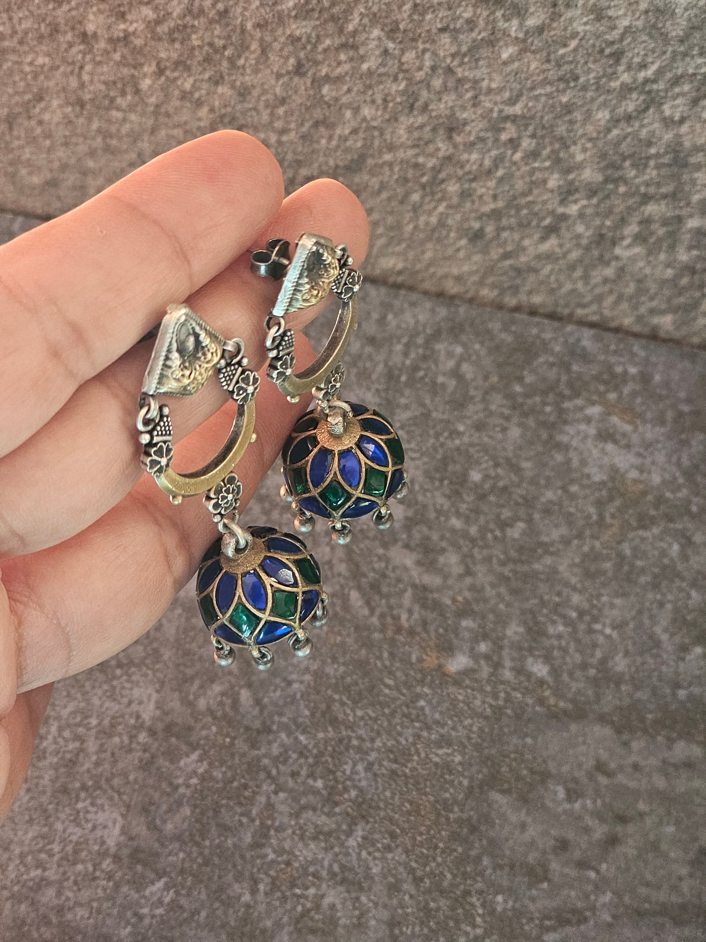 Kundan two tone silver fusion jhumkas