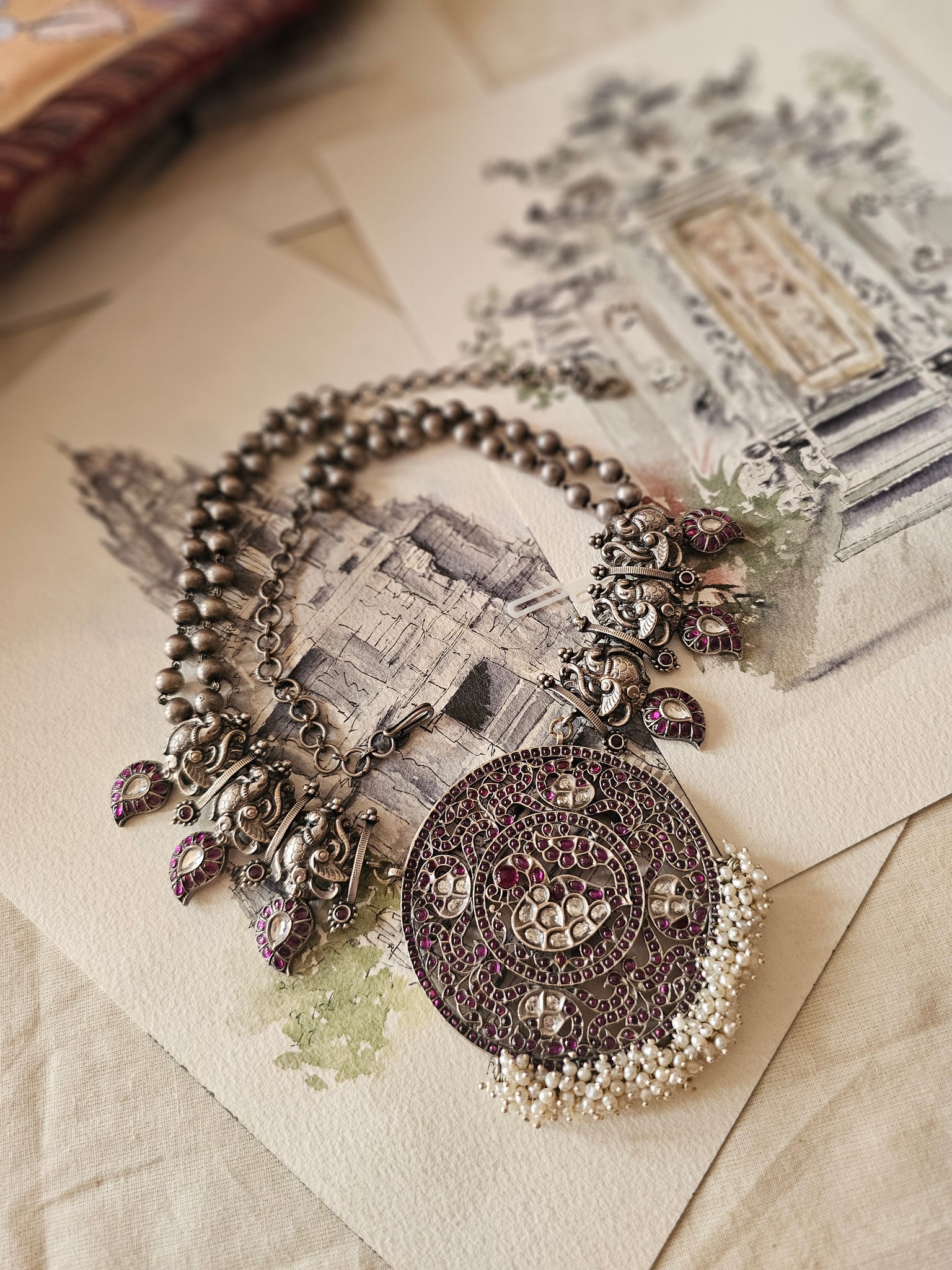 Anam Nakash Medallion Necklace in 92.5 Silver with Red Kemp Stones – Limited Edition