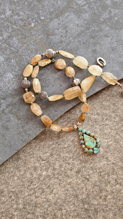 Golden Rutilated and Tibetan Turquoise Necklace