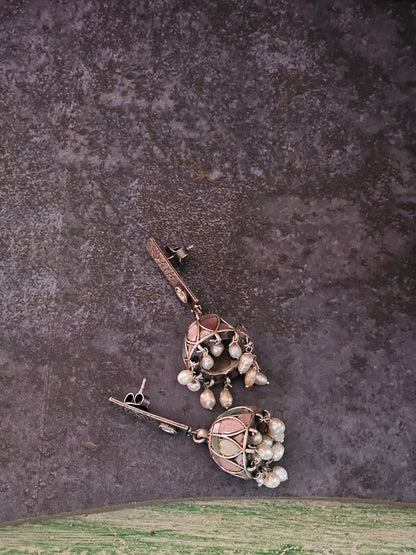 Pink and Turquoise enamel jhumkis