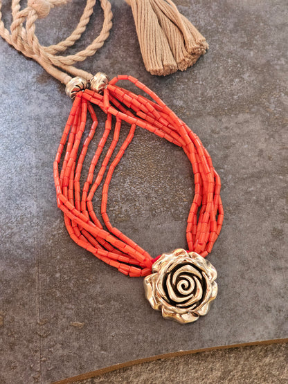 Italian Coral silver rosette necklace