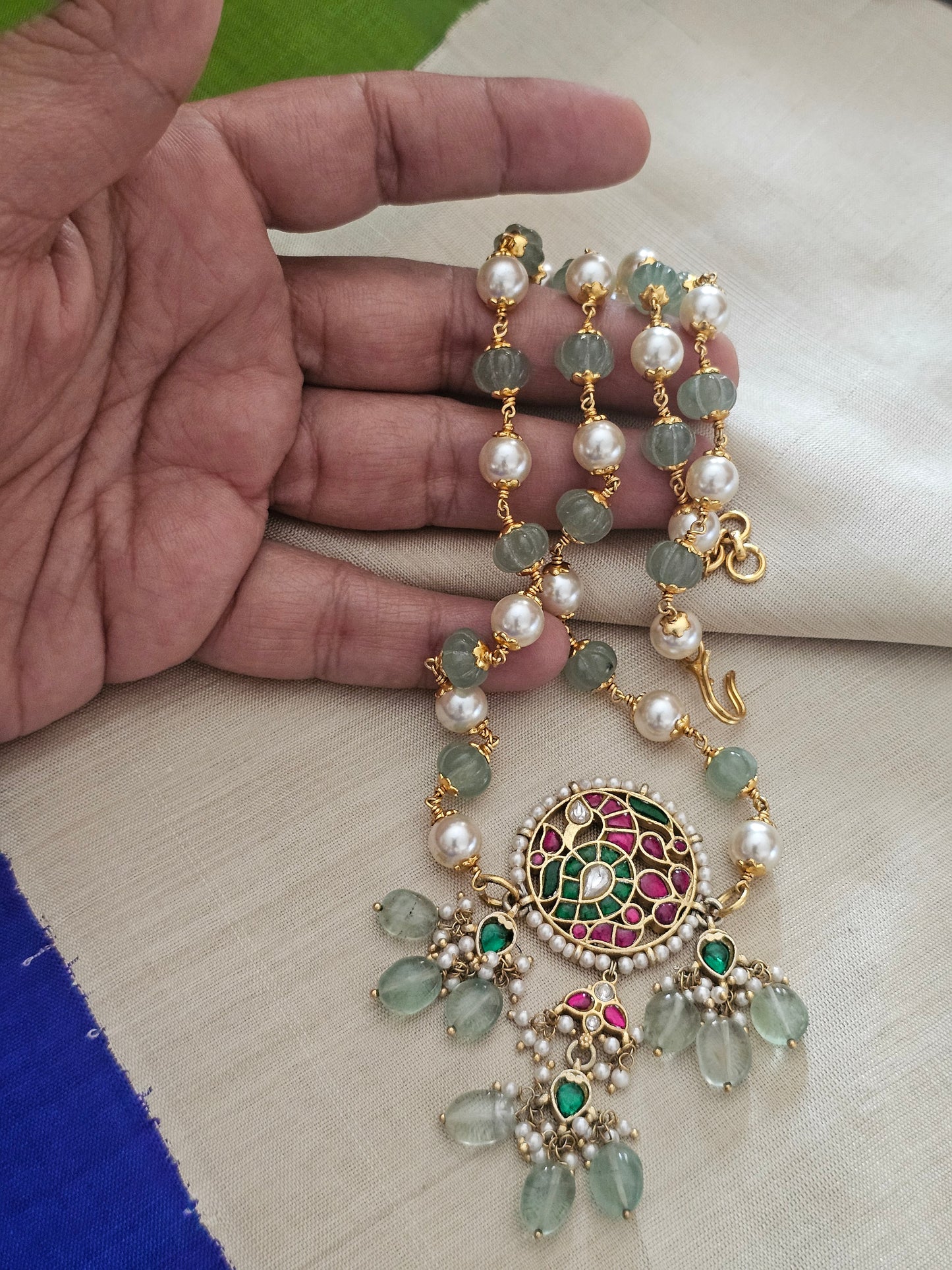 Nizam-Inspired Kundan Pendant Necklace in 92.5 Silver with Strawberry Quartz & Swarovski Pearls