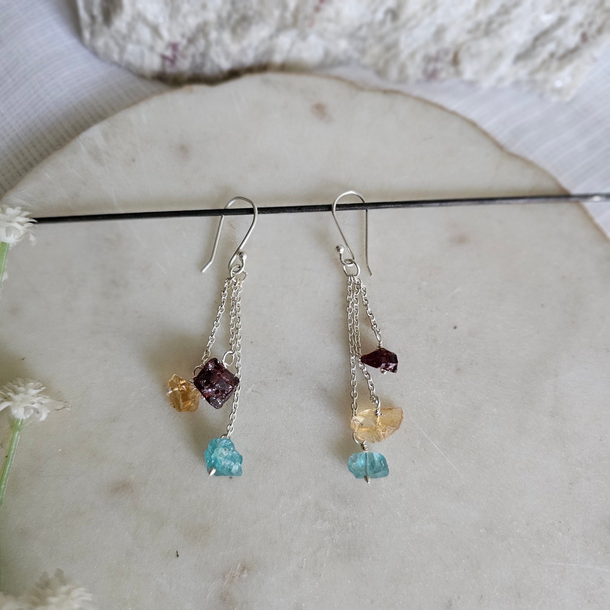 Silver 92.5 uncut citrine Amethyst Aquamarine earrings