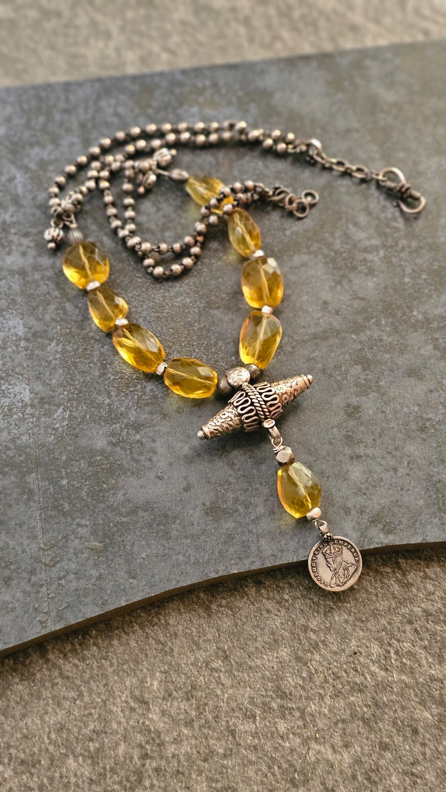 Yellow citrine quartz necklace vintage silver coin pendant