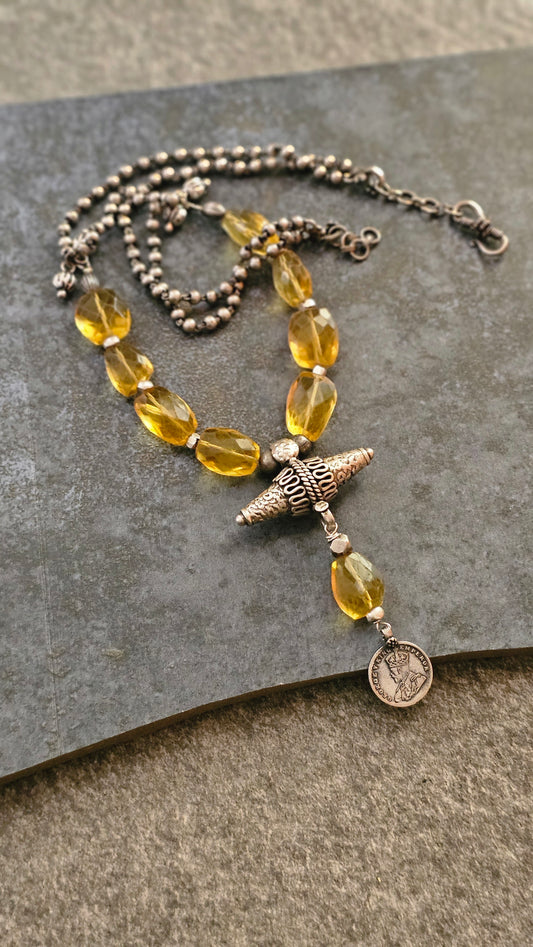 Yellow citrine quartz necklace vintage silver coin pendant
