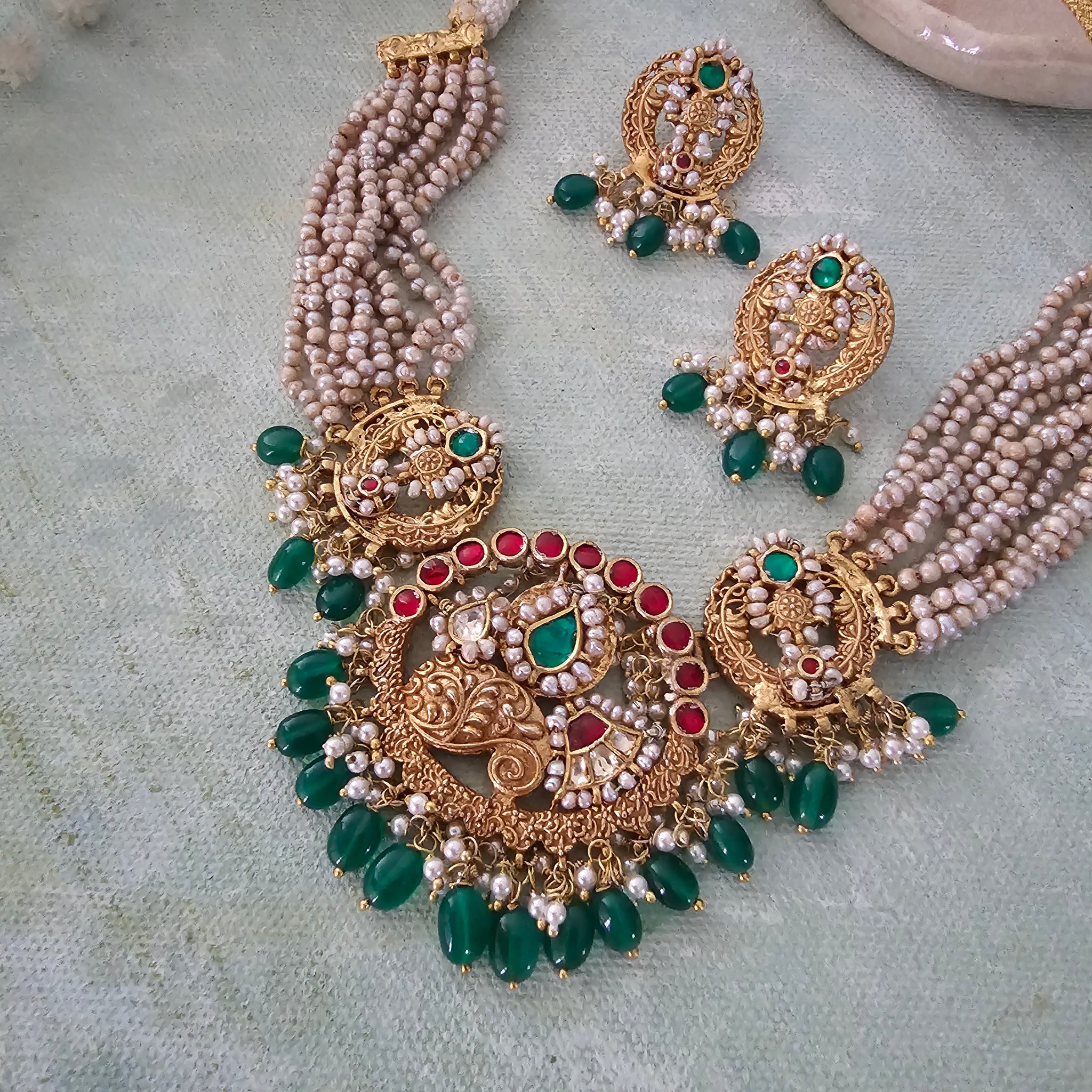 Silver 92.5 kundan gold polish necklace set with basra pearls