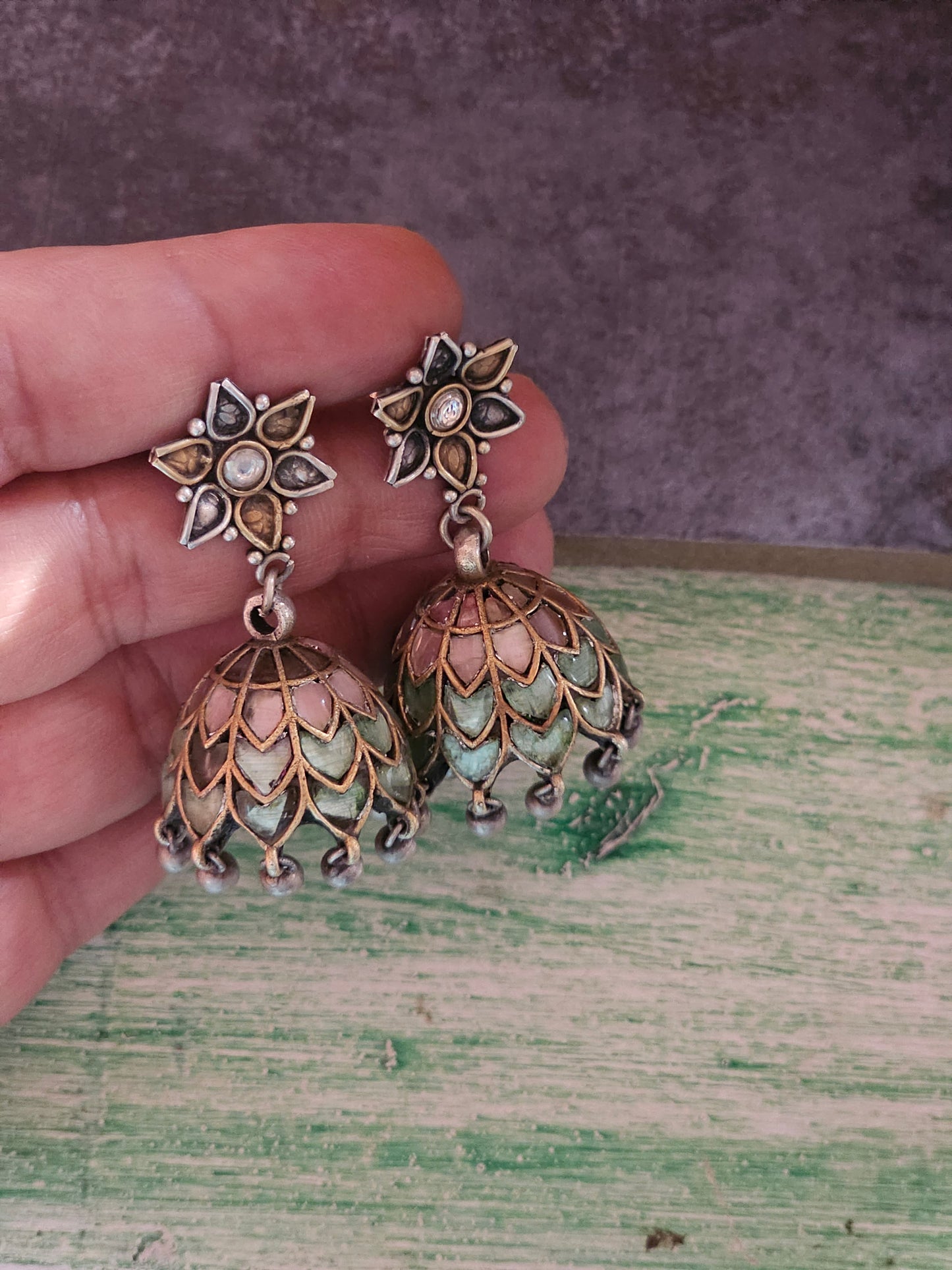 Pink and teal enamel jhumkis
