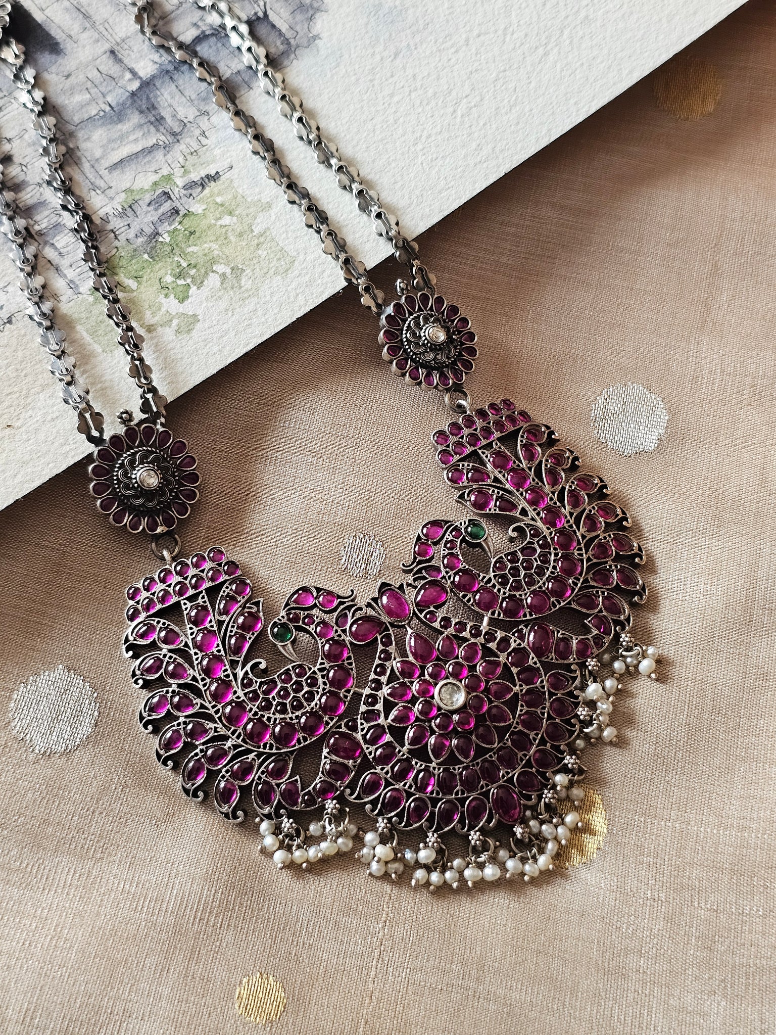 Handcrafted 92.5 Silver Fusion Necklace with Twin Peacock Pendant & Kempu Mogappu Chain