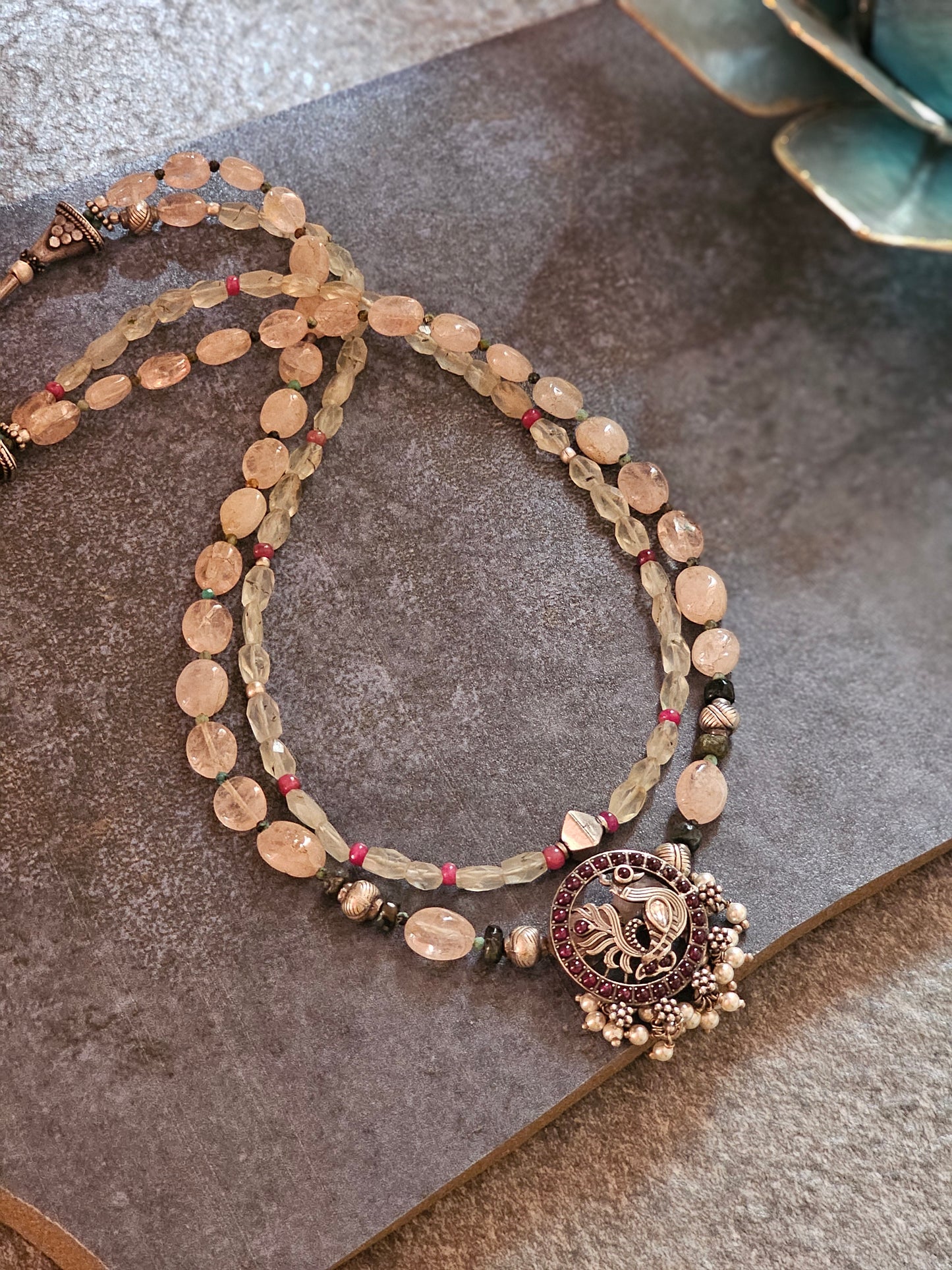 Morganite phrenite gemstone necklace