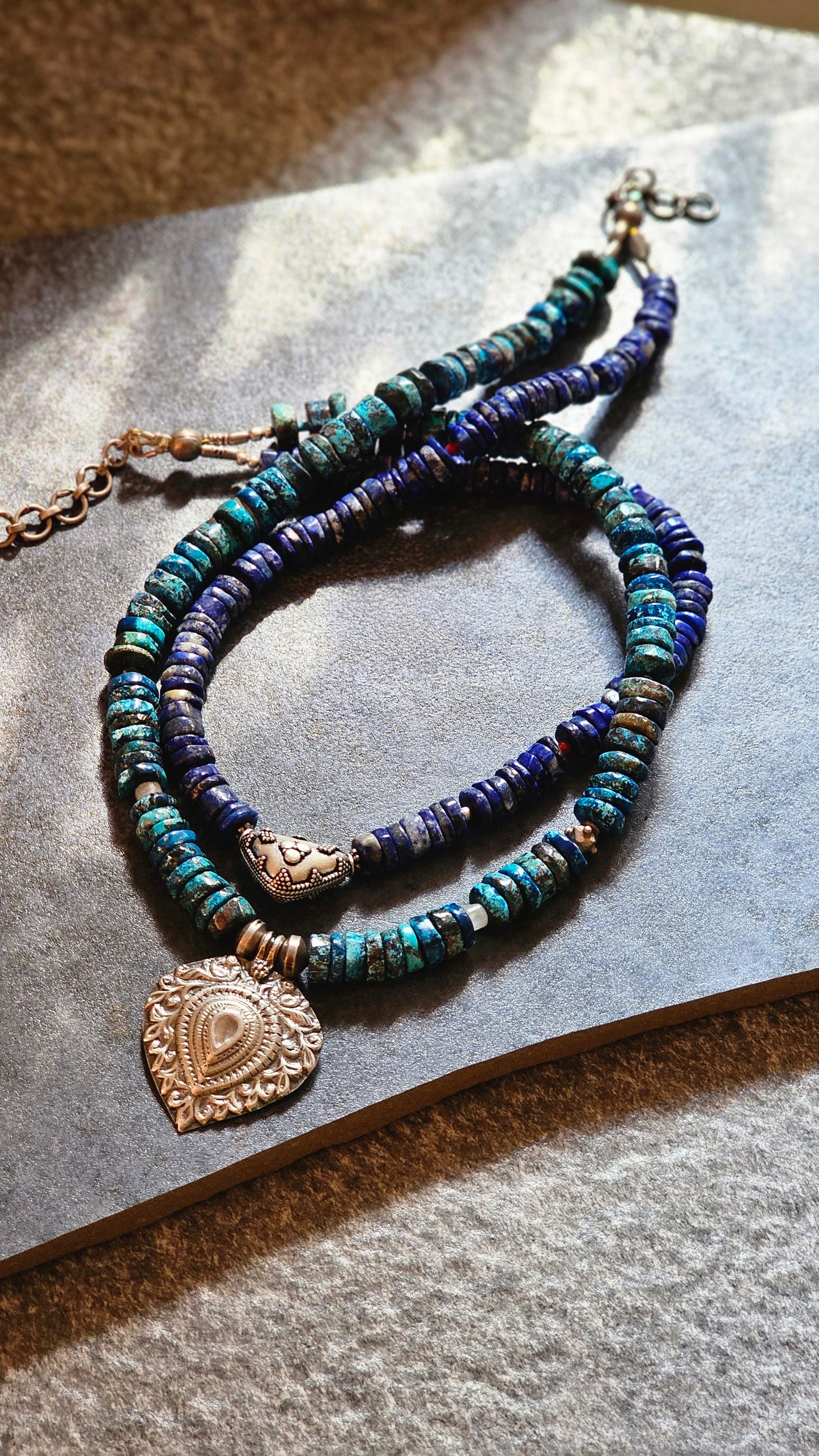 Lapis lazuli and Azurite necklace tribal pendants