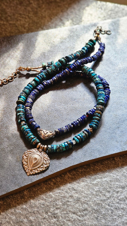 Lapis lazuli and Azurite necklace tribal pendants