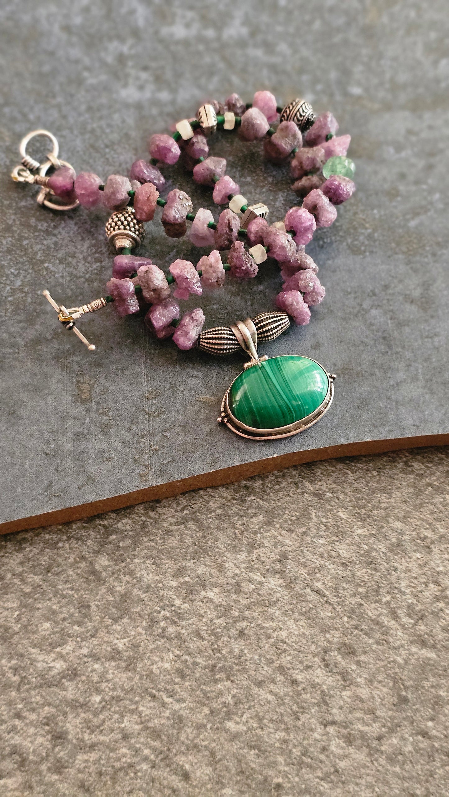 Rough uncut Ruby necklace with Malachite pendant