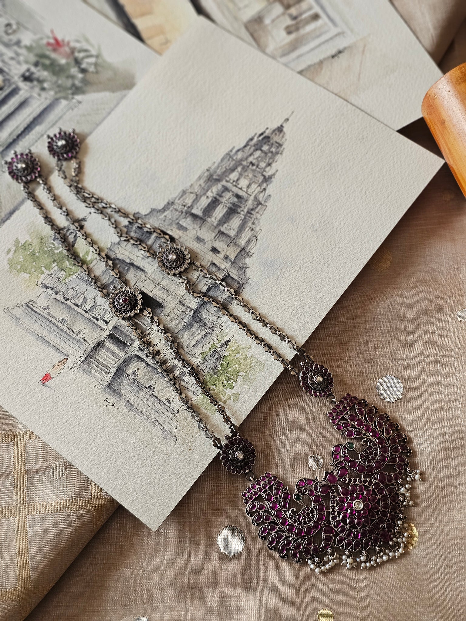 Handcrafted 92.5 Silver Fusion Necklace with Twin Peacock Pendant & Kempu Mogappu Chain