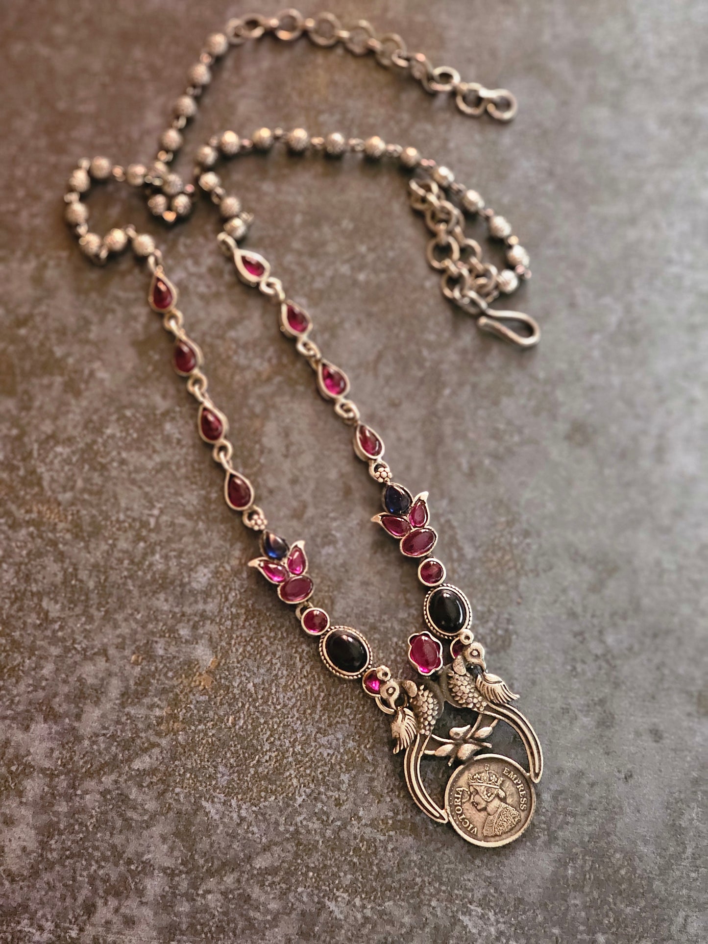 Blue and Pink kempu silver 92.5 necklace