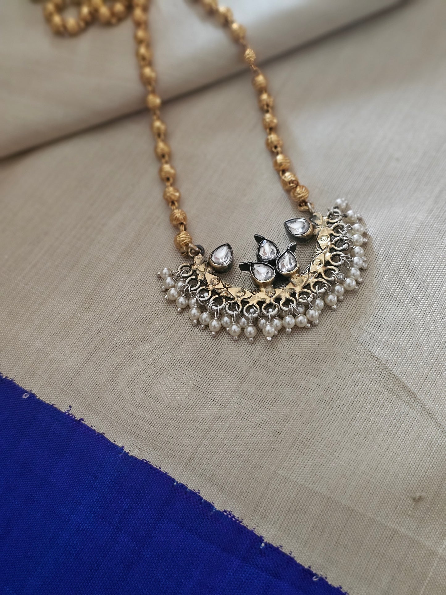 Chaand Tukdi Kundan Pendant with Mohan Mala | 92.5 Silver | Gold Polish | Two-Tone Finish