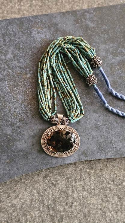 Afghani Turquoise strings with Smoky Topaz pendant necklace